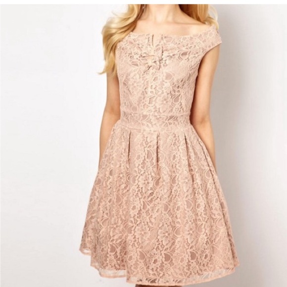 lydia bright Dresses & Skirts - Lydia bright size 10 peach lace flit flare dress bow front v neck zip side lined